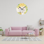 Bumble bees honey yellow florals family monogram round clock<br><div class="desc">Cute bumble bees,  yellow florals,  and dripping honey from honeycomb. Personalize and add your name and the name of your summer vacation home,  cottage.</div>
