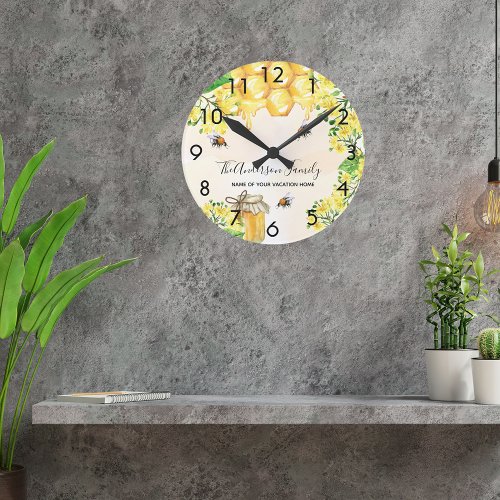 Bumble bees honey yellow florals family monogram  round clock