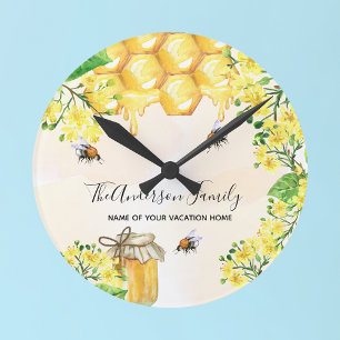 Bumble bees honey yellow florals family monogram round clock