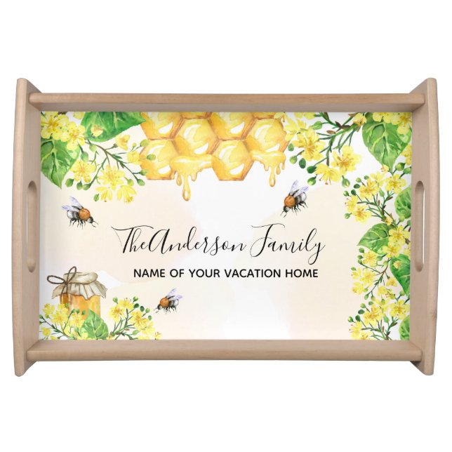 Bumble bees honey yellow florals family monogram serving tray (Front)