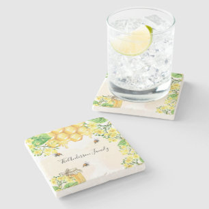 Bumble bees honey yellow florals family monogram stone coaster
