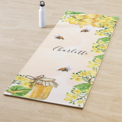 Bumble bees honey yellow florals family monogram yoga mat