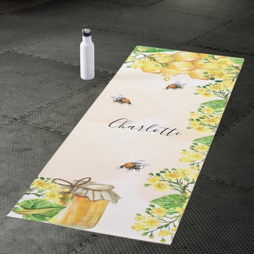 Bumble bees honey yellow florals family monogram yoga mat
