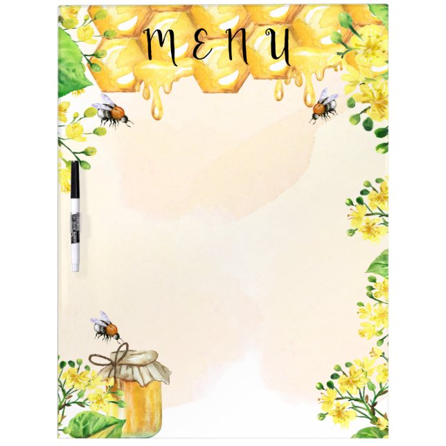 Bumble bees honey yellow florals menu dry erase board (Front)