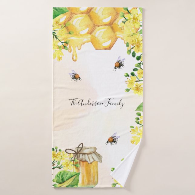 Bumble bees honey yellow florals monogram bath towel (Bath Towel)