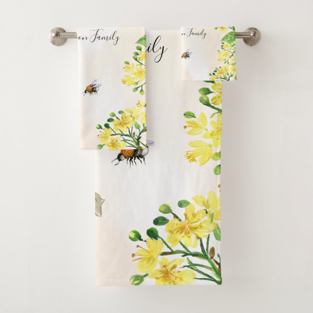 Bumble bees honey yellow florals monogram bath towel set (Insitu)