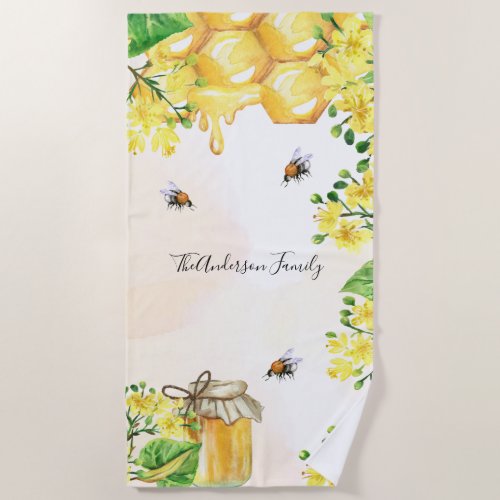Bumble bees honey yellow florals monogram beach towel