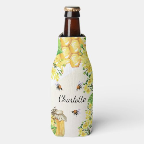 Bumble bees honey yellow florals monogram bottle cooler