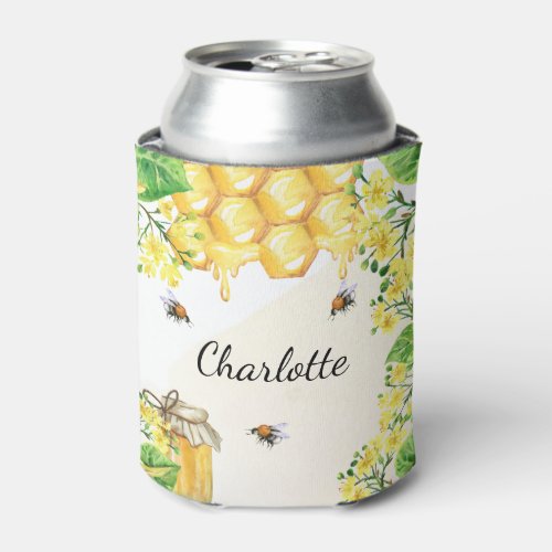 Bumble bees honey yellow florals monogram can cooler
