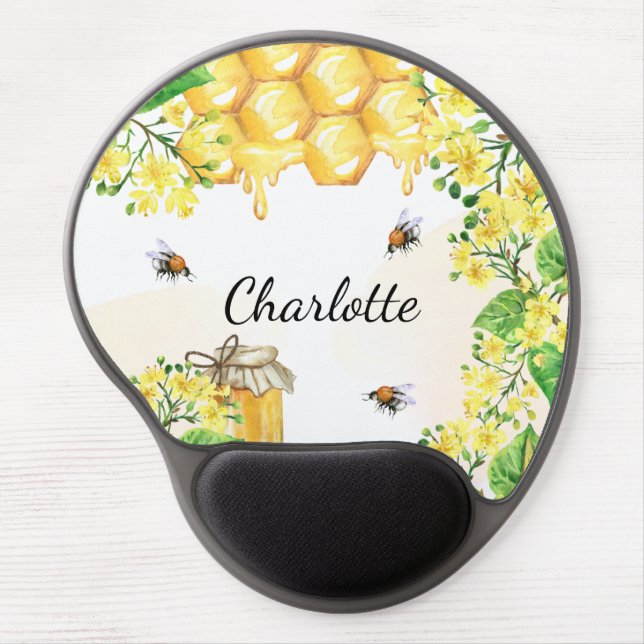 Bumble bees honey yellow florals monogram  gel mouse pad (Front)