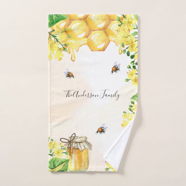 Bumble bees honey yellow florals monogram hand towel  (Hand Towel)