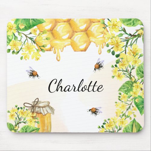 Bumble bees honey yellow florals monogram mouse pad