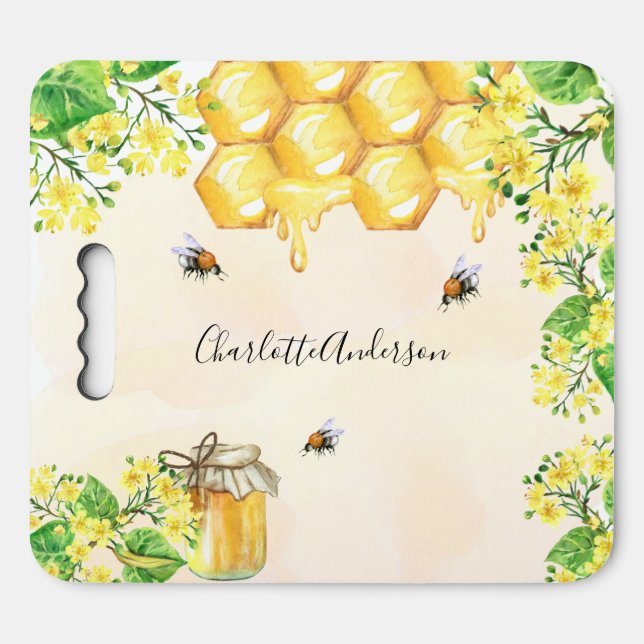 Bumble bees honey yellow florals monogram name seat cushion (Front Horizontal)