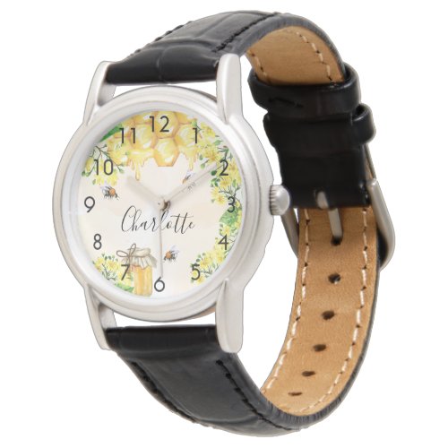 Bumble bees honey yellow florals monogram name watch