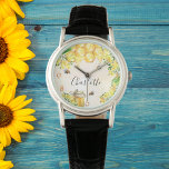 Bumble bees honey yellow florals monogram name  watch<br><div class="desc">Cute bumble bees,  yellow florals,  and dripping honey from honeycomb. Personalize and add your name. Golden numbers.  This clock is also available in our store with black numbers.</div>