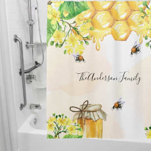 Bumble bees honey yellow florals monogram shower curtain
