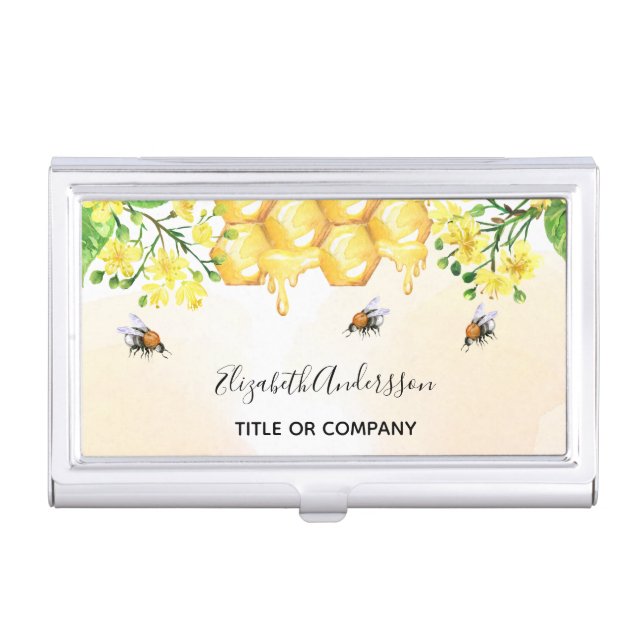 Bumble bees honey yellow florals name business card case (Front)