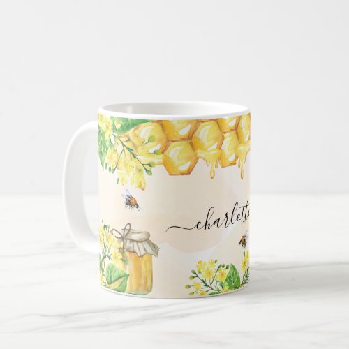 Bumble bees honey yellow florals name script coffee mug