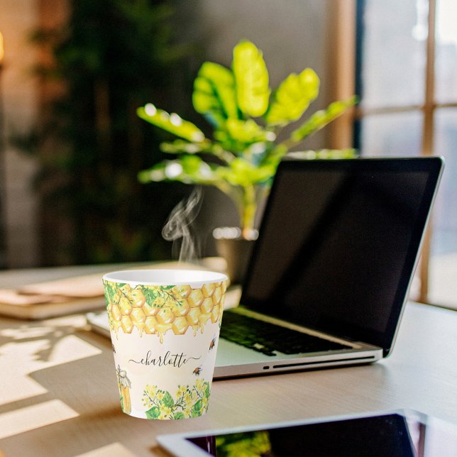 Bumble bees honey yellow florals name script latte mug (Creator Uploaded)