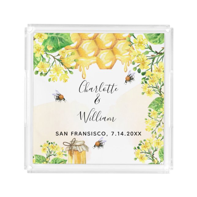 Bumble bees honey yellow florals wedding acrylic tray (Front)