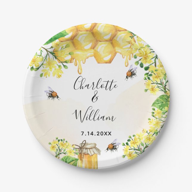 Bumble bees honey yellow florals wedding paper plates (Front)