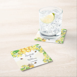 Bumble bees honey yellow florals wedding square paper coaster