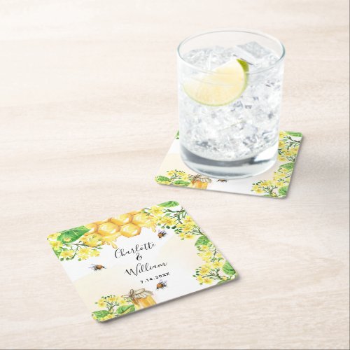 Bumble bees honey yellow florals wedding square paper coaster