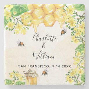Bumble bees honey yellow florals wedding stone coaster