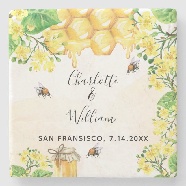 Bumble bees honey yellow florals wedding stone coaster (Front)