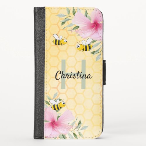 Bumble bees honeycomb florals pink monogram iPhone x wallet case