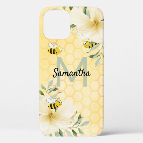 Bumble bees honeycomb florals tropical monogram iPhone 12 case