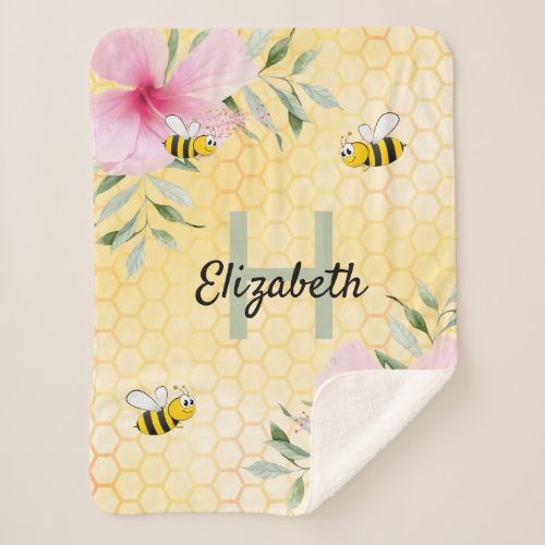 Bumble bees honeycomb florals tropical pink name sherpa blanket