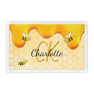 Bumble bees honeycomb honey dripping monogram acrylic tray