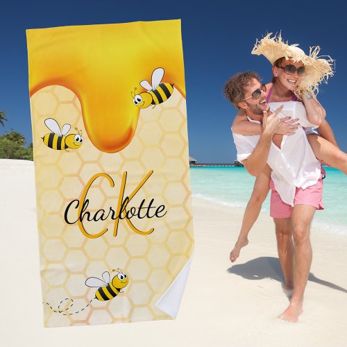 Bumble bees honeycomb honey dripping monogram beach towel