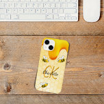 Bumble bees honeycomb honey dripping monogram Case-Mate iPhone 14 case<br><div class="desc">Yellow,  white background with a bee honeycomb pattern and happy smiling bumble bees. Decorated with sweet,  golden honey dripping. Personalize and add your name and monogram initials,  golden and black letters.  The name is written with a hand lettered style script.</div>