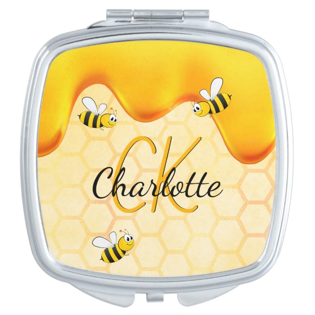 Bumble bees honeycomb honey dripping monogram compact mirror (Front)
