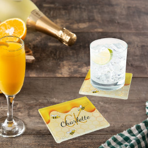 Bumble bees honeycomb honey dripping monogram glass coaster