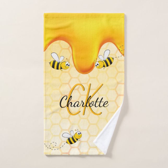Bumble bees honeycomb honey dripping monogram hand towel  (Hand Towel)