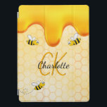 Bumble bees honeycomb honey dripping monogram iPad pro cover<br><div class="desc">Yellow,  white background with a bee honeycomb pattern and happy smiling bumble bees. Decorated with sweet,  golden honey dripping. Personalize and add your name and monogram initials,  golden and black letters.  The name is written with a hand lettered style script.</div>