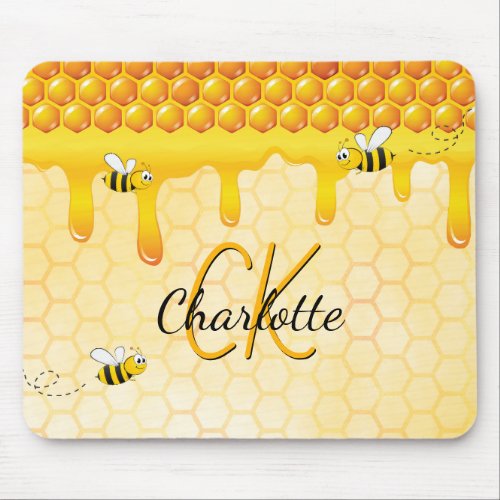 Bumble bees honeycomb honey dripping monogram mouse pad