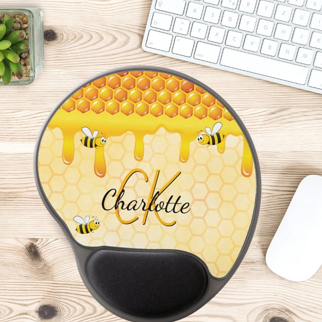 Bumble bees honeycomb honey dripping monogram name gel mouse pad (Creator Uploaded)