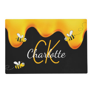 Bumble bees honeycomb honey dripping monogram placemat