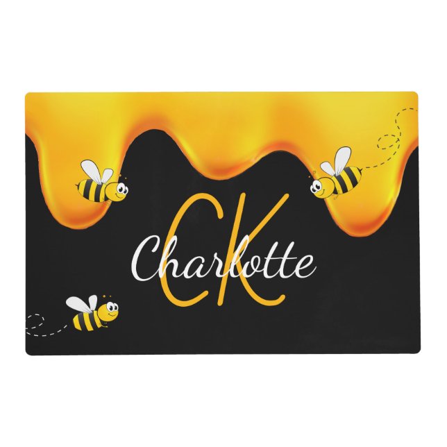 Bumble bees honeycomb honey dripping monogram placemat (Front)