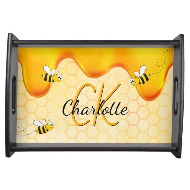 Bumble bees honeycomb honey dripping monogram serving tray (Front)