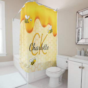 Bumble bees honeycomb honey dripping monogram shower curtain