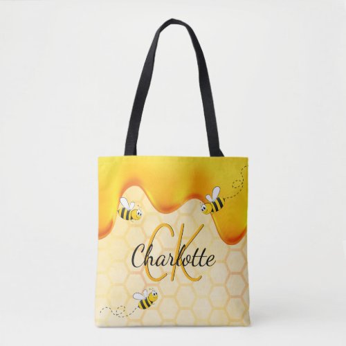 Bumble bees honeycomb honey dripping monogram tote bag