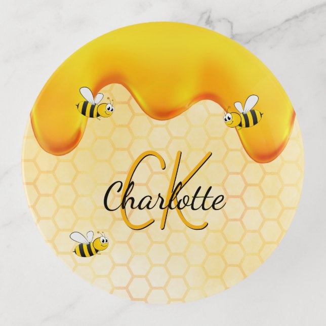 Bumble bees honeycomb honey dripping monogram trinket tray (Front)