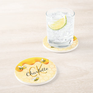 Bumble bees honeycomb honey drips monogram sweet coaster