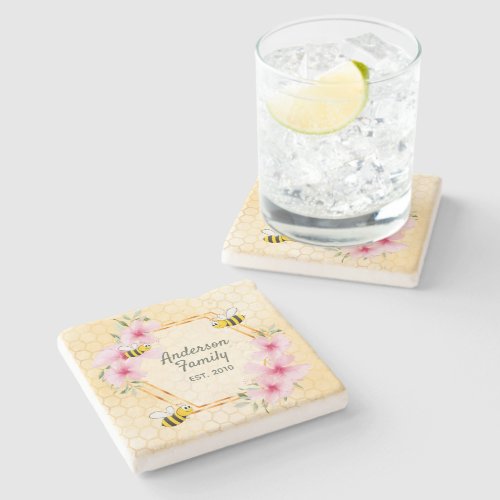 Bumble bees pink florals family name stone coaster