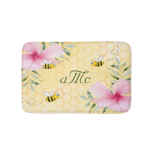 Bumble bees pink florals yellow honeycomb monogram bath mat